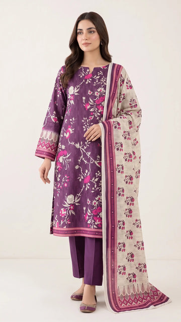 3 Piece – Printed Lawn Suit (Unstitched) - FLORAL PURPLE
