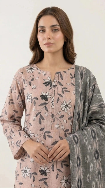 3 Piece – Printed Lawn Suit (Unstitched) - Floral Cream
