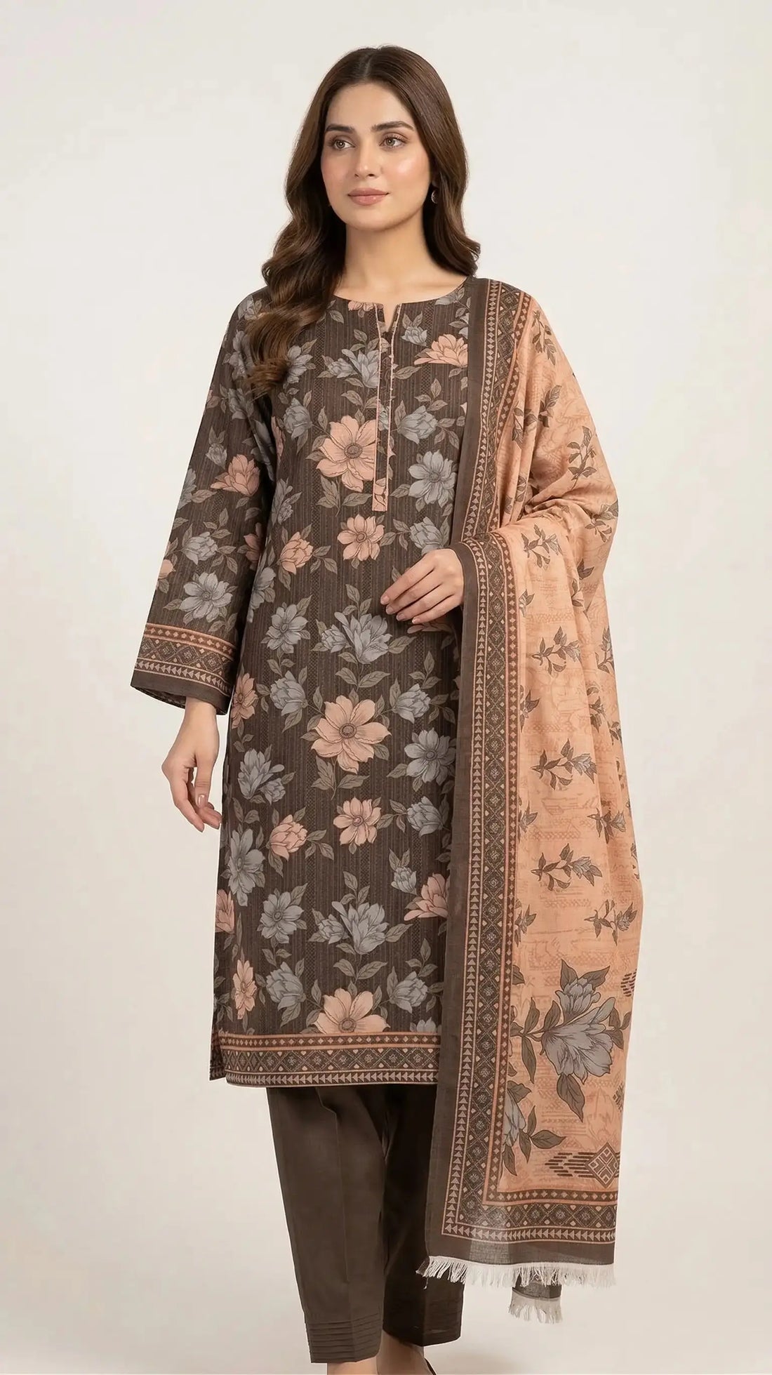 3 Piece – Printed Lawn Suit (Unstitched) - Brown
