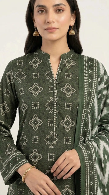 3 Piece – Printed Lawn Suit (Unstitched) - Chunri Green