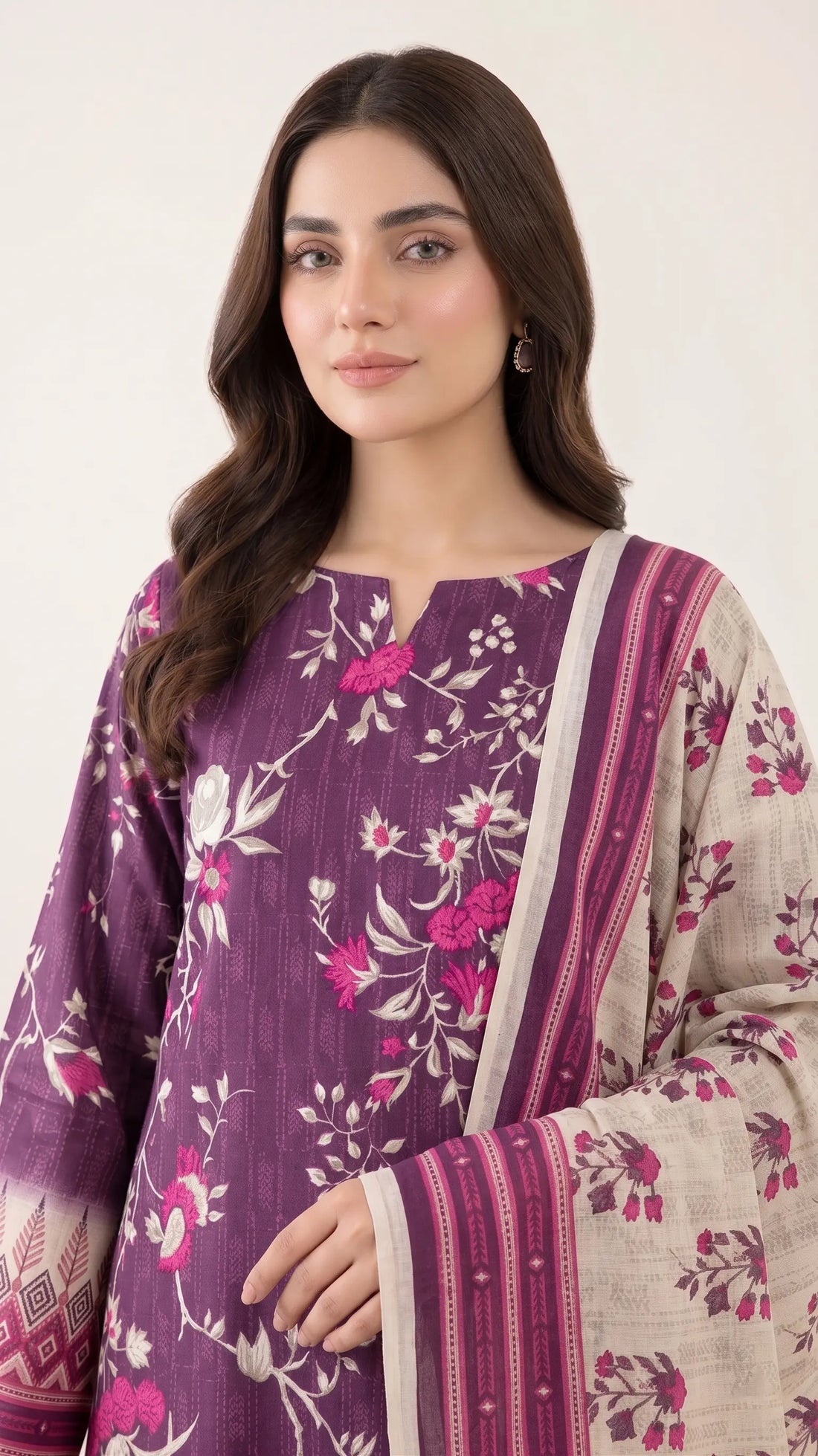 3 Piece – Printed Lawn Suit (Unstitched) - FLORAL PURPLE