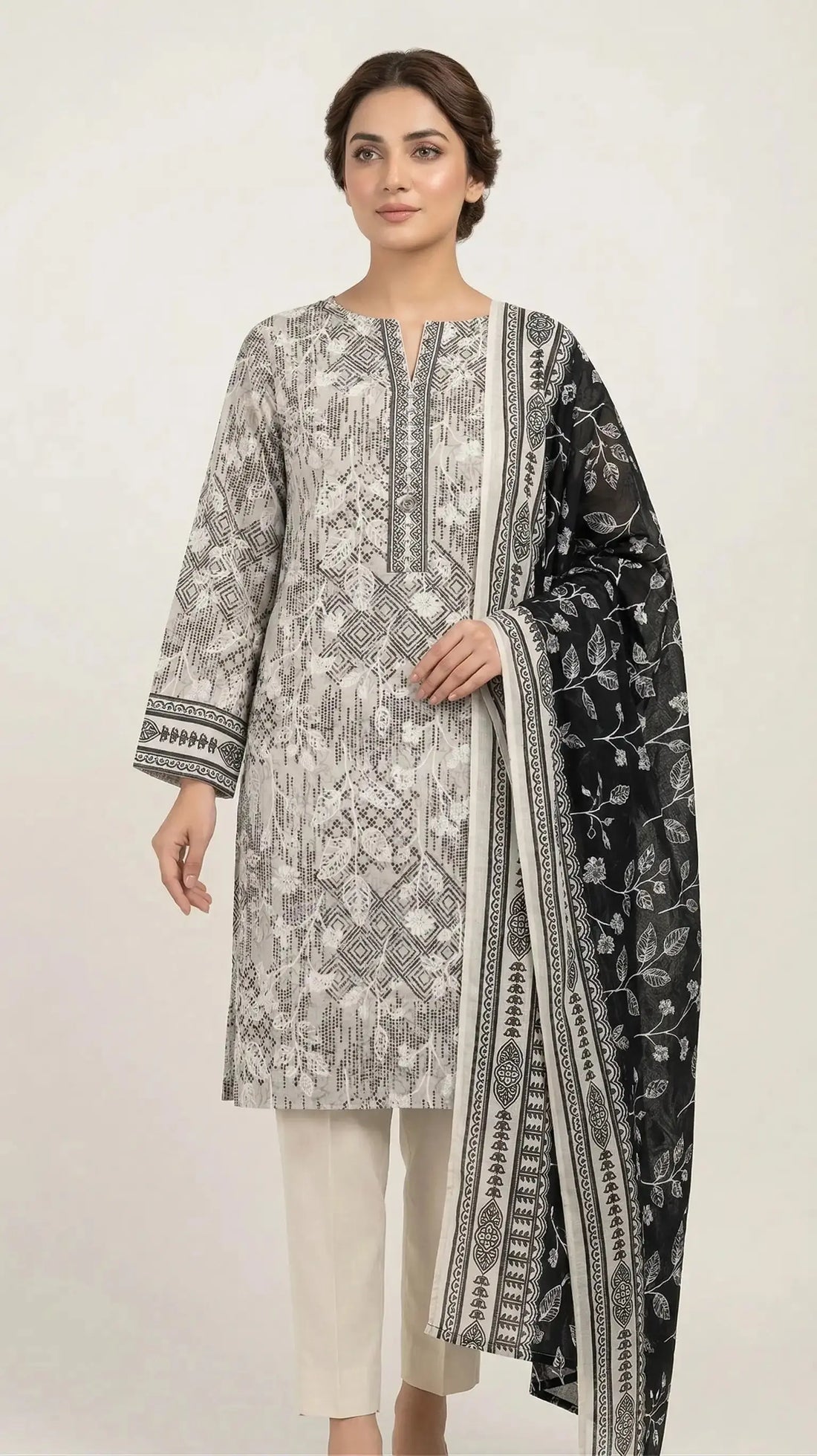 3 Piece – Printed Lawn Suit (Unstitched) - BLACK AND WHITE