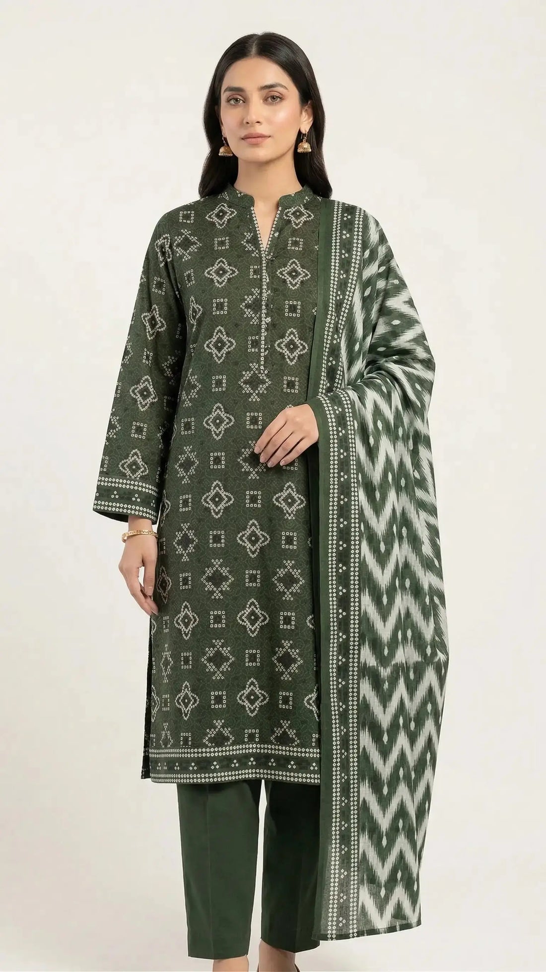 3 Piece – Printed Lawn Suit (Unstitched) - Chunri Green