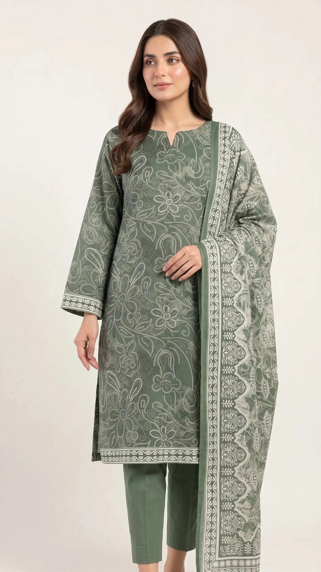 3 Piece – Printed Lawn Suit (Unstitched) - Light Green