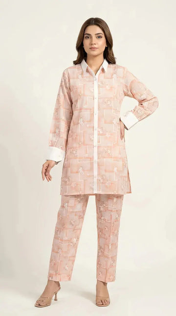 Peach Geometric Floral Pret Set | 2 Piece Stitched