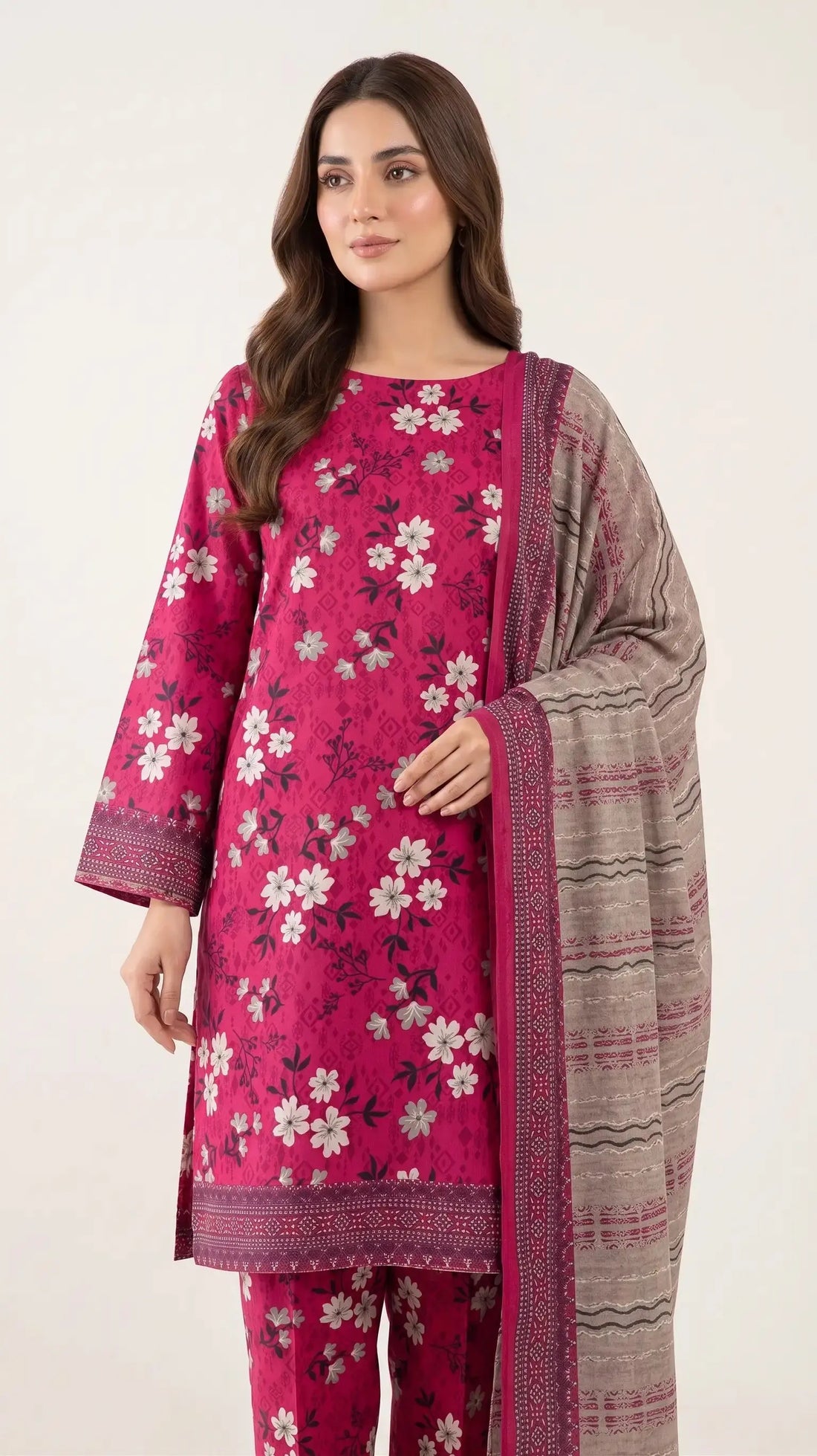 3 Piece – Printed Lawn Suit (Unstitched) - Magenta Muse