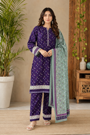 3 Piece – Printed Purple & Sage Green Lawn Suit (Unstitched)
