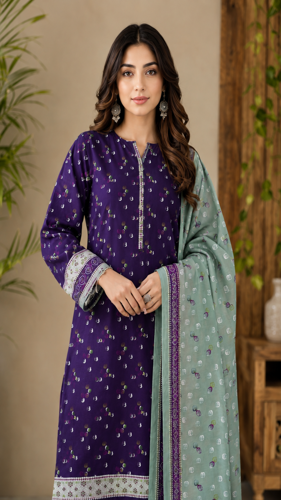 3 Piece – Printed Purple & Sage Green Lawn Suit (Unstitched)