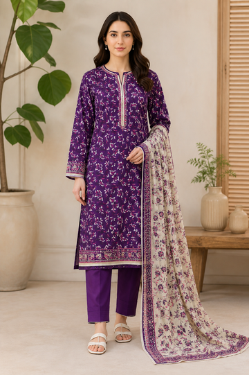 3 Piece – Printed Plum Lawn Suit (Unstitched)