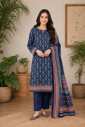 3 Piece – Printed Navy Blue Lawn Suit (Unstitched)