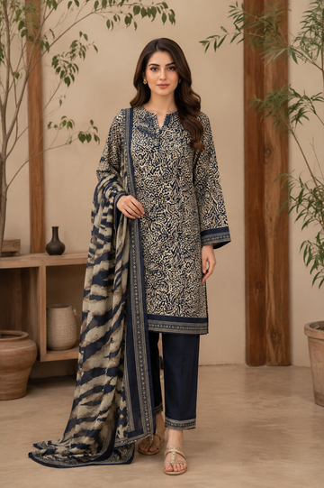 3 Piece – Printed Blac & Beige Lawn Suit (Unstitched)