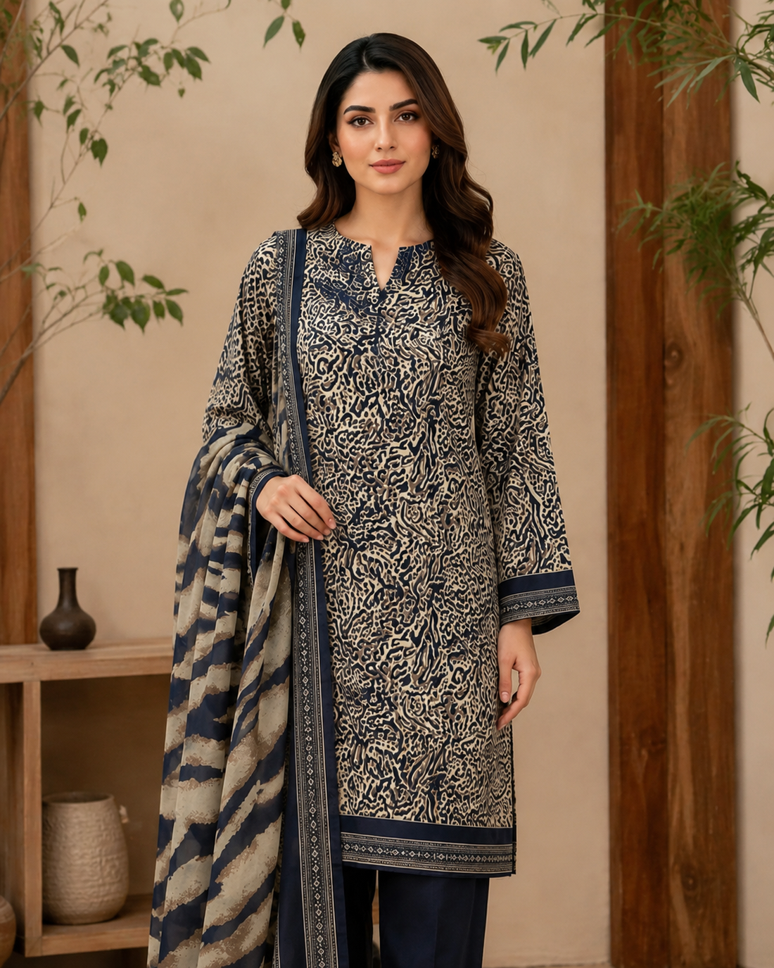 3 Piece – Printed Blac & Beige Lawn Suit (Unstitched)