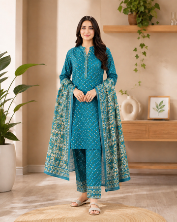 3 Piece – Printed Teal Blue Lawn Suit (Unstitched)