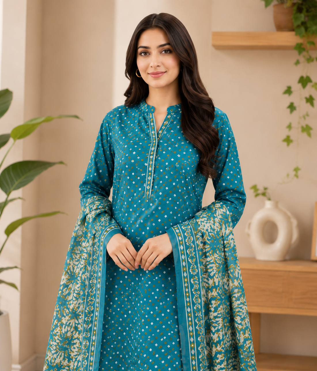 3 Piece – Printed Teal Blue Lawn Suit (Unstitched)
