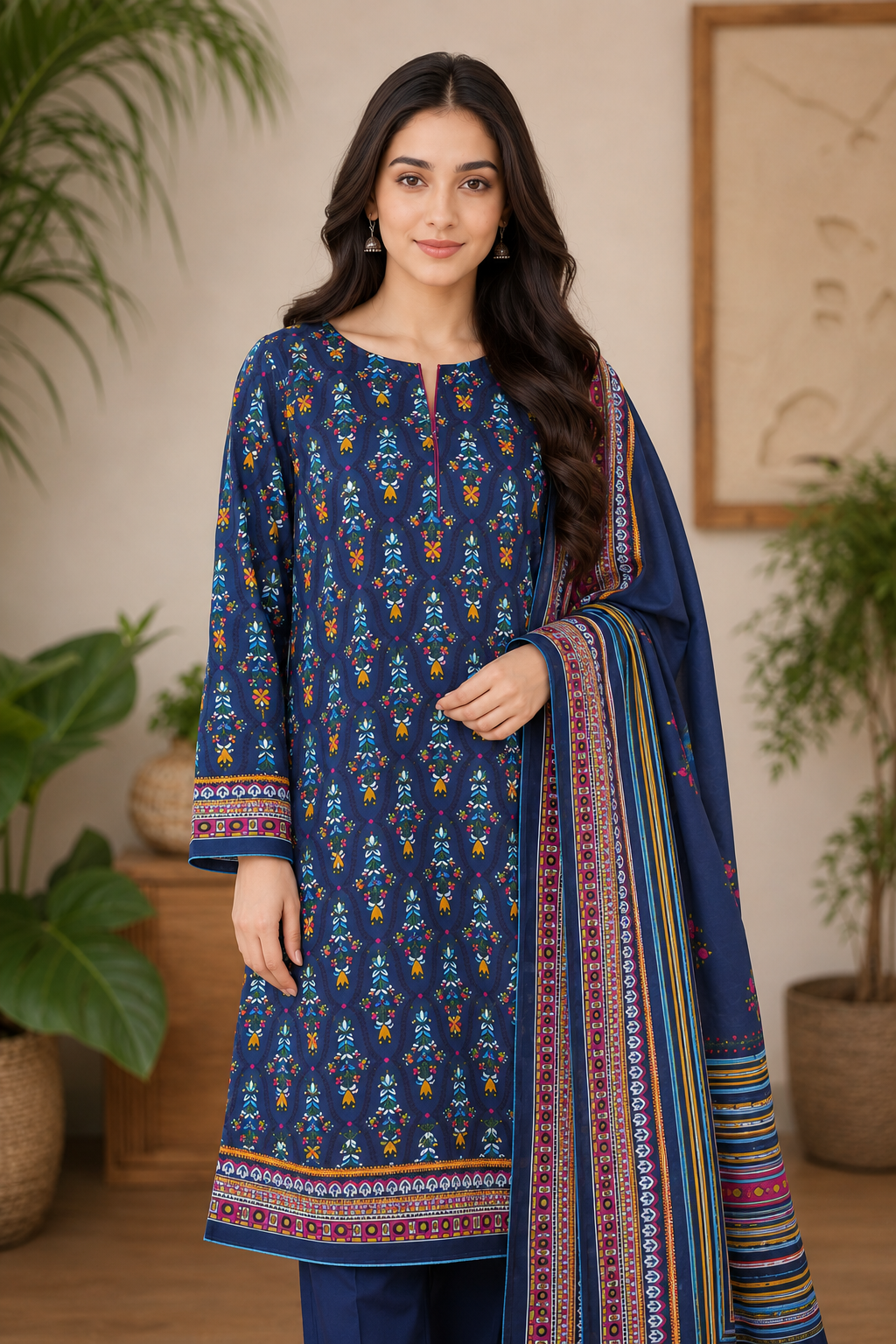 3 Piece – Printed Navy Blue Lawn Suit (Unstitched)
