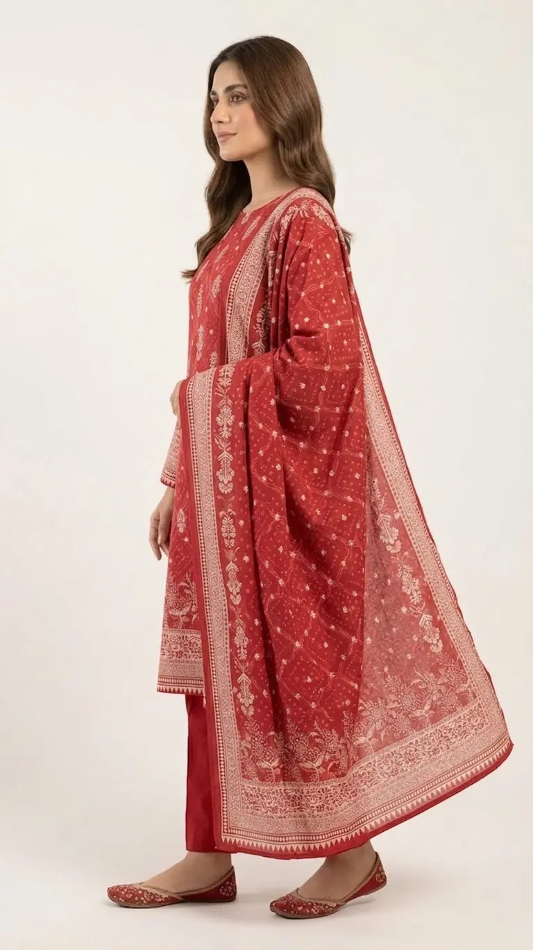 3 Piece – Printed Lawn Suit (Unstitched) - Rust