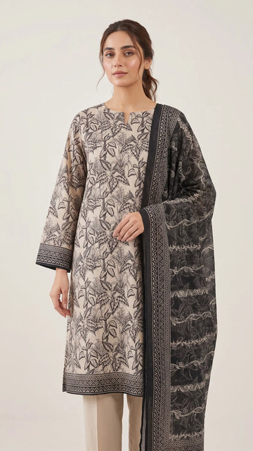 3 Piece – Printed Lawn Suit (Unstitched) - BLACK & WHITE