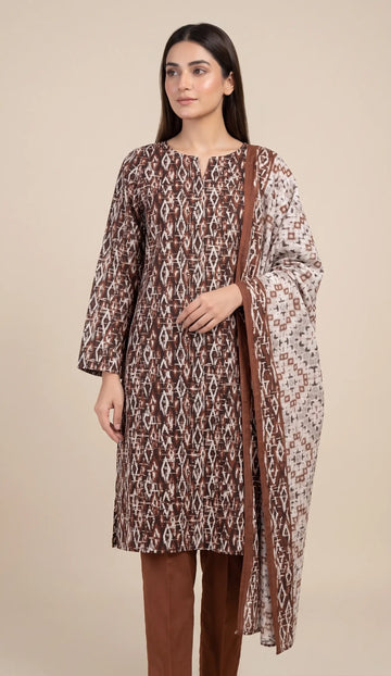 3 Piece – Printed Lawn Suit (Unstitched) - BROWN