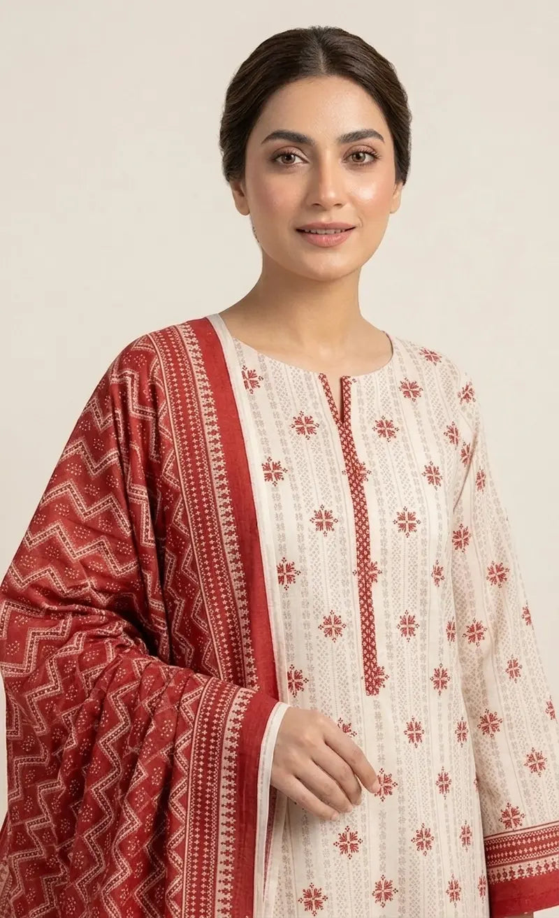 3 Piece – Printed Lawn Suit (Unstitched) - Off White