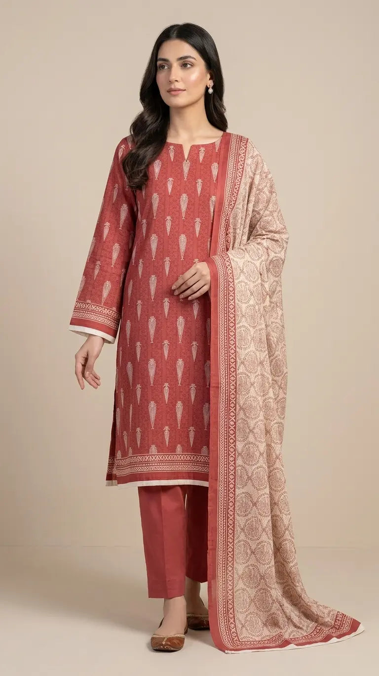 3 Piece – Printed Lawn Suit (Unstitched) - Rust