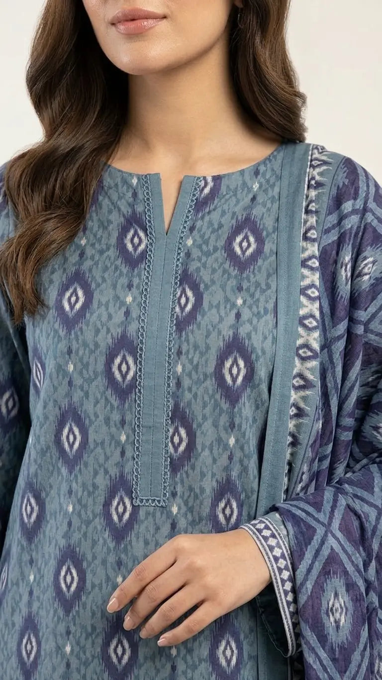 3 Piece – Printed Lawn Suit (Unstitched) - Light Blue