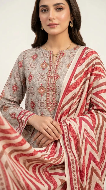 3 Piece – Printed Lawn Suit (Unstitched) - Skin