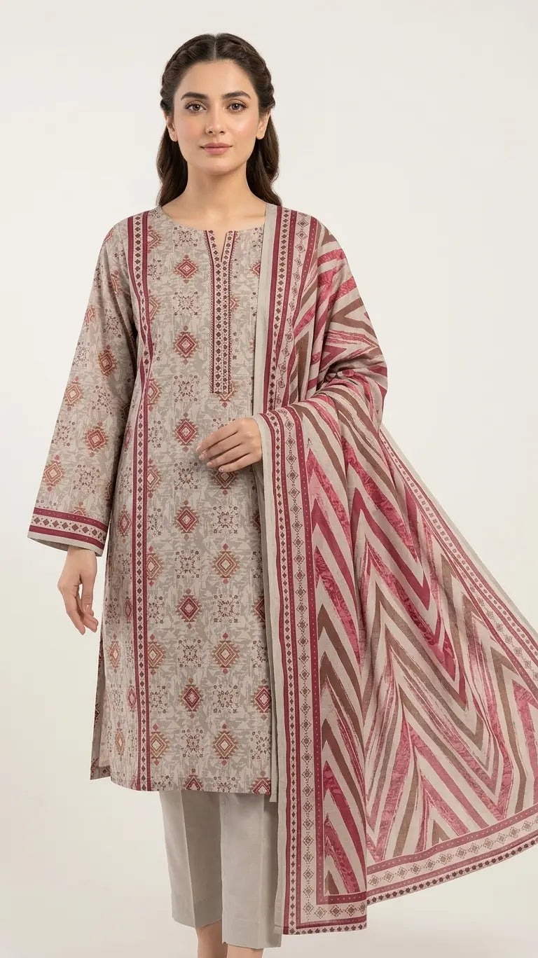 3 Piece – Printed Lawn Suit (Unstitched) - Skin