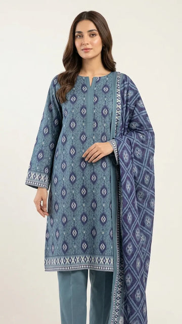 3 Piece – Printed Lawn Suit (Unstitched) - Light Blue