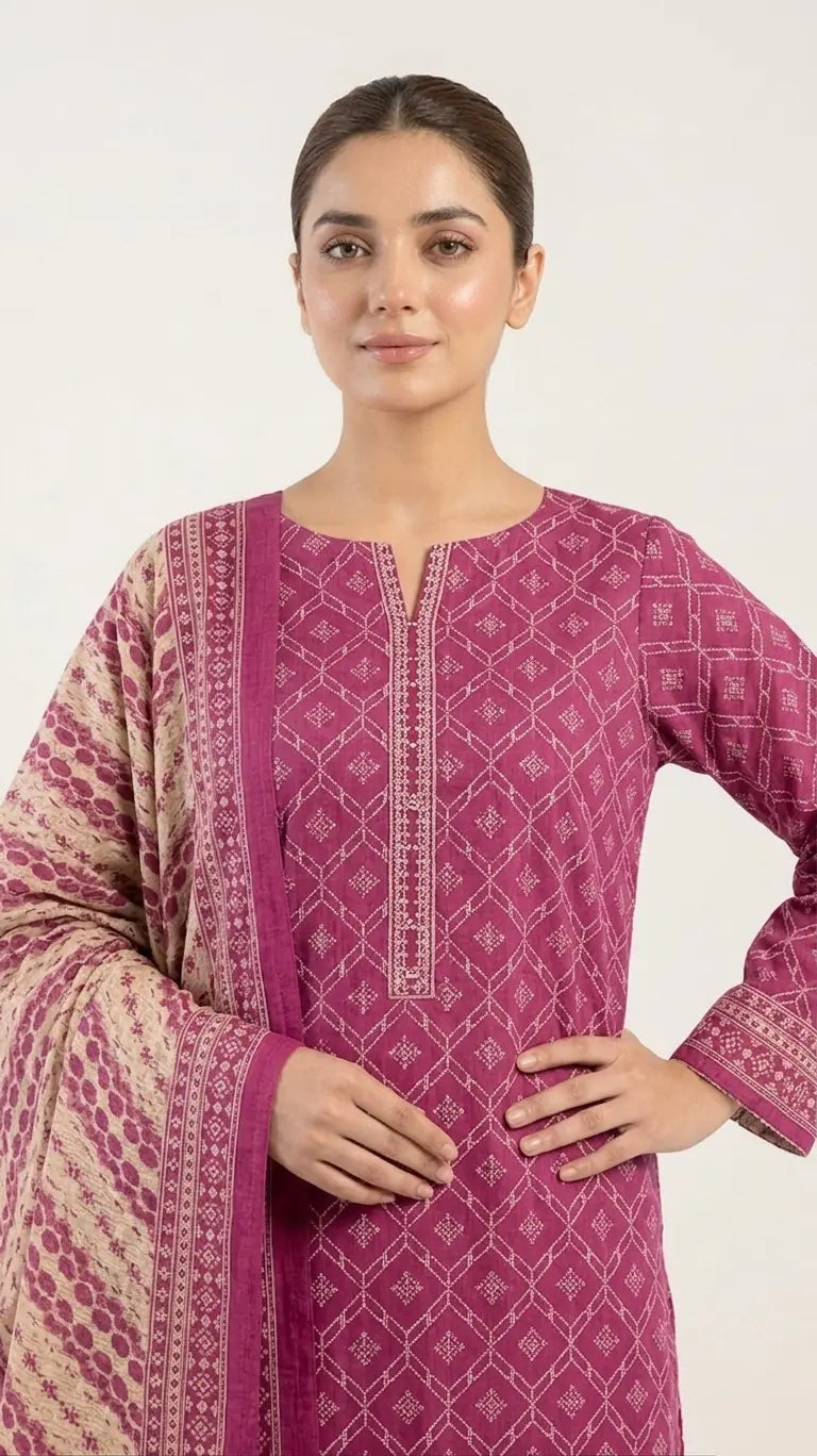 3 Piece – Printed Lawn Suit (Unstitched) - Pinki