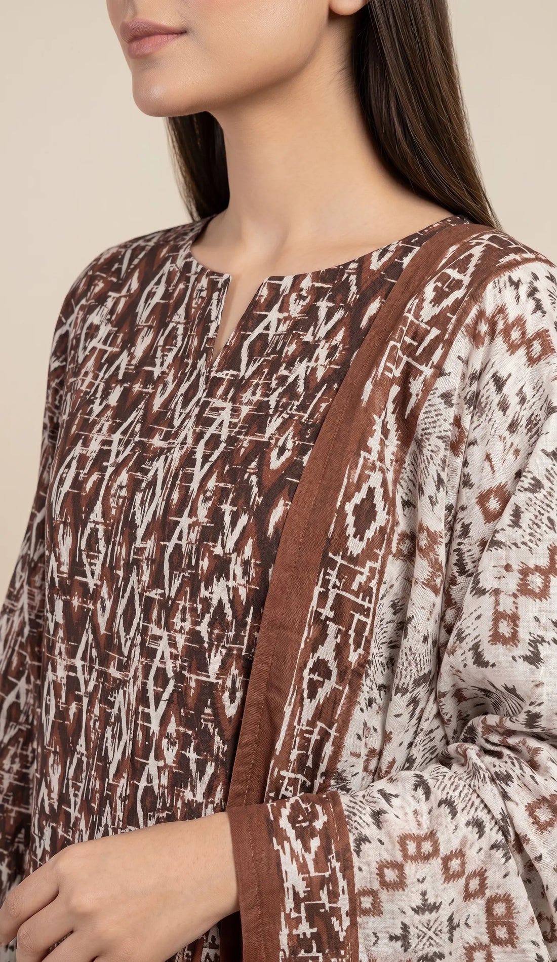 3 Piece – Printed Lawn Suit (Unstitched) - BROWN