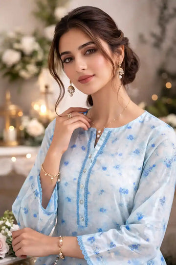 Sky Bloom Stitched Kurti | Premium 1-Piece Cambric Collection