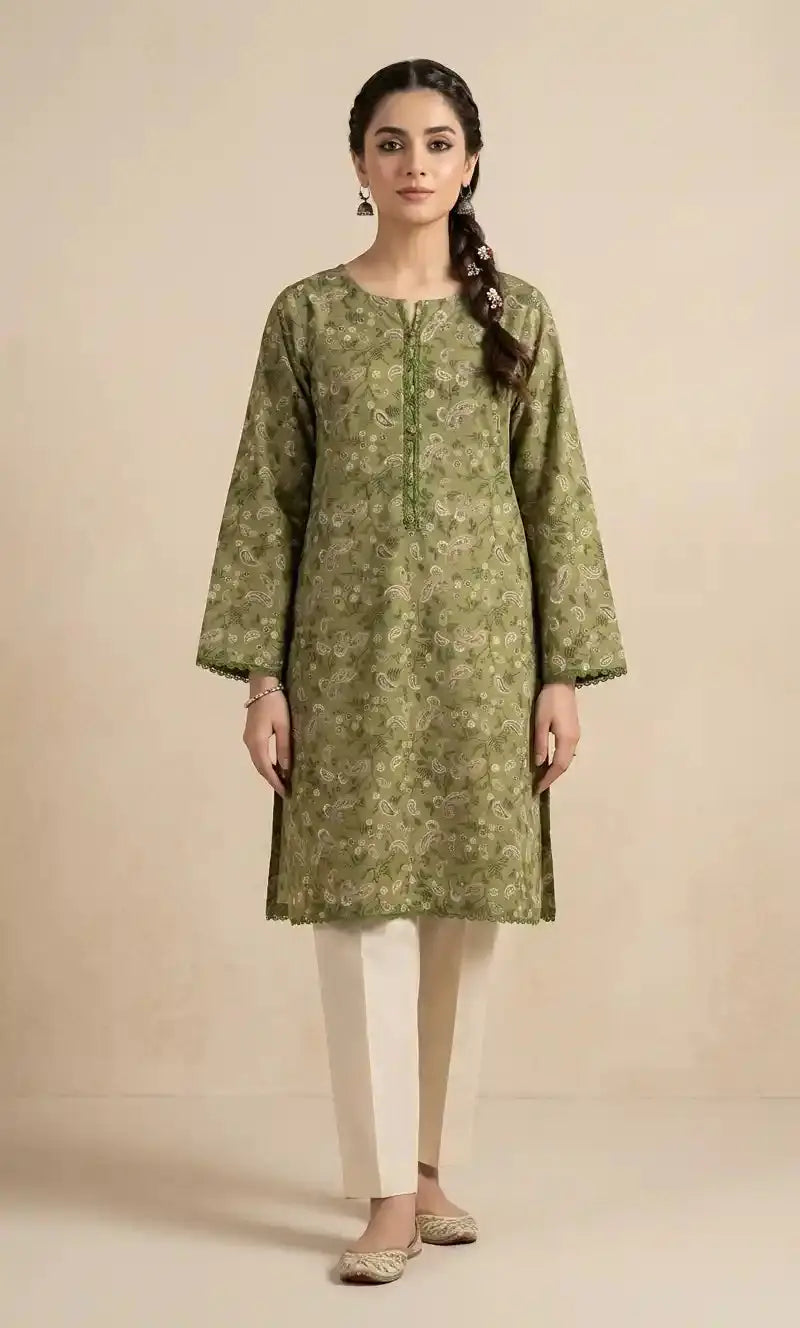 Olive Whisper Stitched Printed Kurti | Premium 1-Piece Cambric Collection