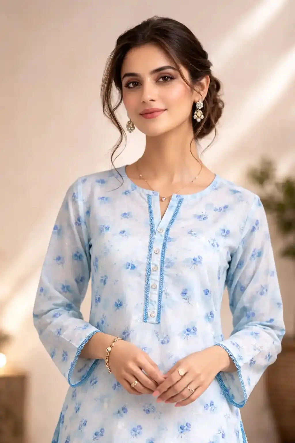 Sky Bloom Stitched Kurti | Premium 1-Piece Cambric Collection